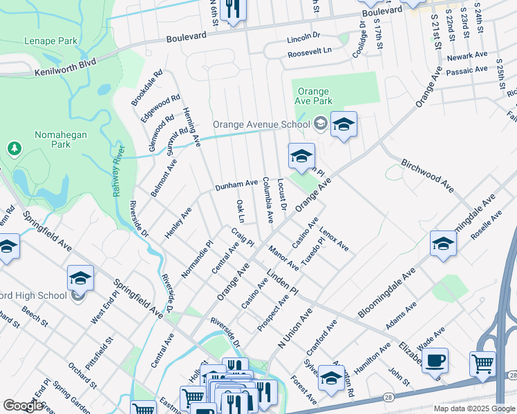 map of restaurants, bars, coffee shops, grocery stores, and more near 318 Manor Avenue in Cranford