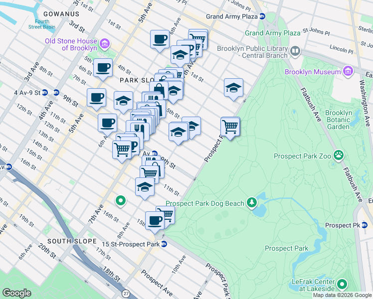 map of restaurants, bars, coffee shops, grocery stores, and more near 581 7th Street in Brooklyn