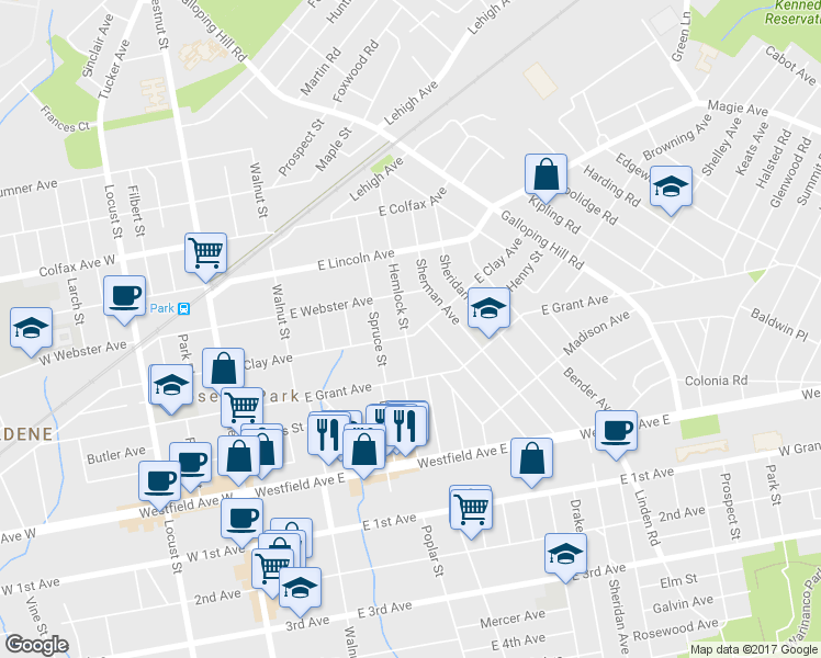 map of restaurants, bars, coffee shops, grocery stores, and more near 401 Hemlock Street in Roselle Park