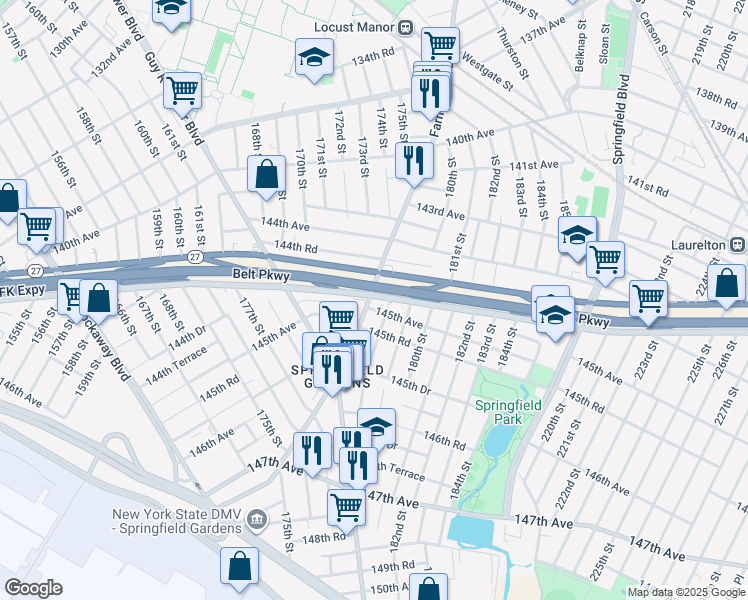 map of restaurants, bars, coffee shops, grocery stores, and more near 144-43 Farmers Boulevard in Queens