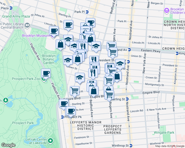 map of restaurants, bars, coffee shops, grocery stores, and more near 1650 Bedford Avenue in Brooklyn