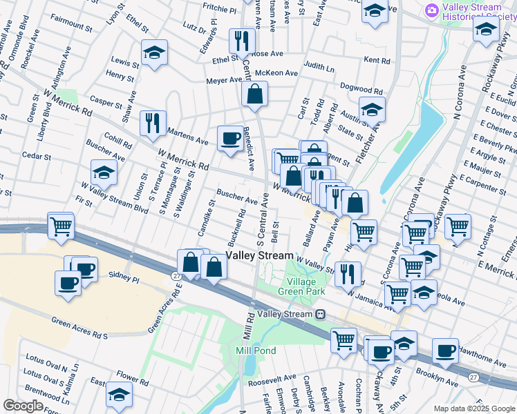 map of restaurants, bars, coffee shops, grocery stores, and more near 38 South Central Avenue in Valley Stream