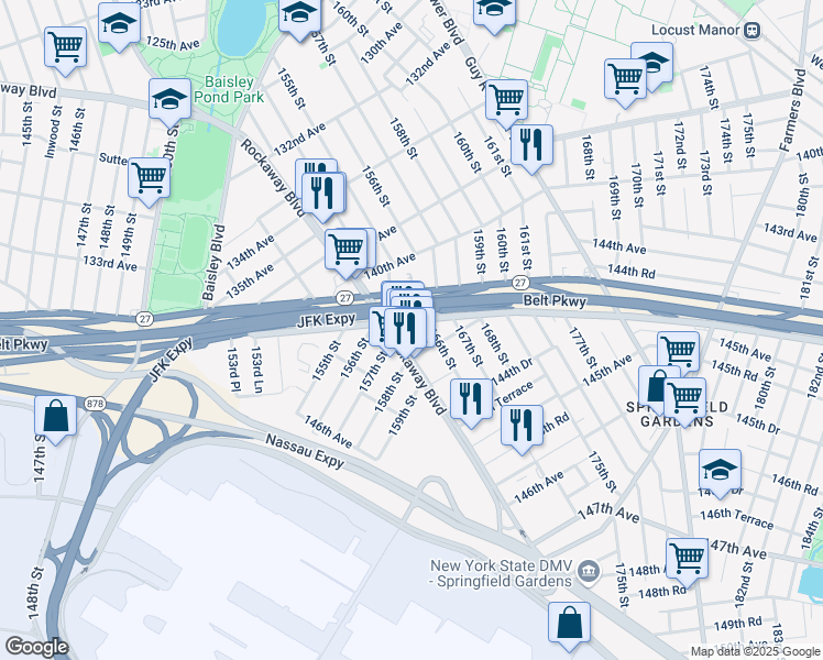 map of restaurants, bars, coffee shops, grocery stores, and more near 165-22 South Conduit Avenue in Queens