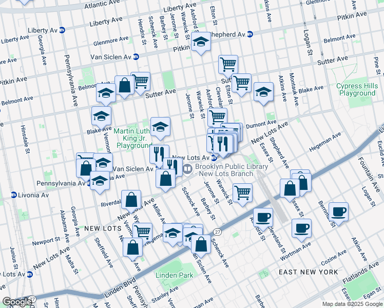 map of restaurants, bars, coffee shops, grocery stores, and more near 651 Barbey Street in Brooklyn