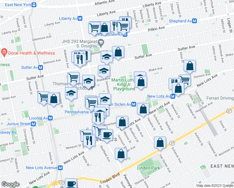 map of restaurants, bars, coffee shops, grocery stores, and more near 734 Dumont Avenue in Brooklyn