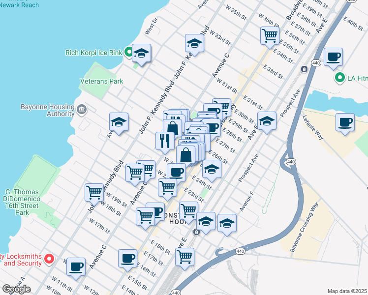 map of restaurants, bars, coffee shops, grocery stores, and more near 31 W 25th St in Bayonne