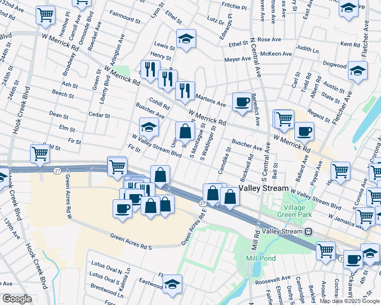 map of restaurants, bars, coffee shops, grocery stores, and more near 82 S Montague St in Valley Stream