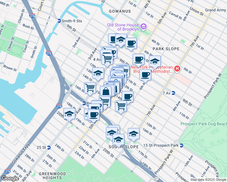 map of restaurants, bars, coffee shops, grocery stores, and more near 530 5th Avenue in Brooklyn
