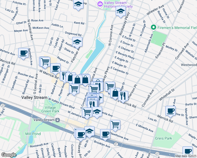 map of restaurants, bars, coffee shops, grocery stores, and more near 21 W Oxford St in Valley Stream