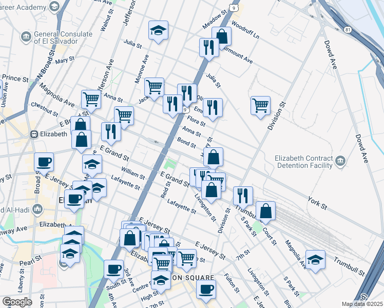 map of restaurants, bars, coffee shops, grocery stores, and more near 917 Magnolia Ave in Elizabeth