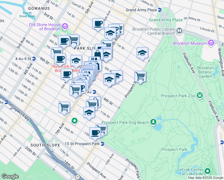 map of restaurants, bars, coffee shops, grocery stores, and more near 550 7th Street in Brooklyn