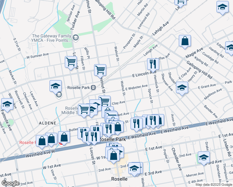 map of restaurants, bars, coffee shops, grocery stores, and more near 36 East Webster Avenue in Roselle Park
