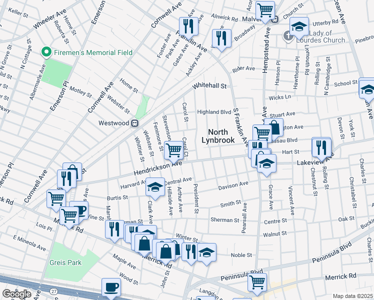 map of restaurants, bars, coffee shops, grocery stores, and more near 34 Lowell St in Lynbrook
