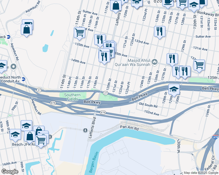map of restaurants, bars, coffee shops, grocery stores, and more near 120-2 150th Avenue in Queens
