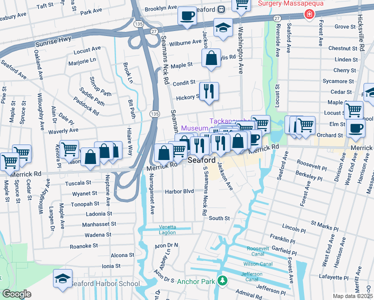 map of restaurants, bars, coffee shops, grocery stores, and more near 3836 Ray Street in Seaford
