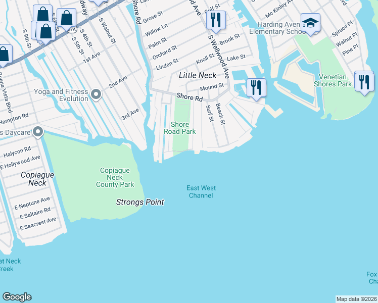 map of restaurants, bars, coffee shops, grocery stores, and more near 131 Bayview Avenue West in Lindenhurst