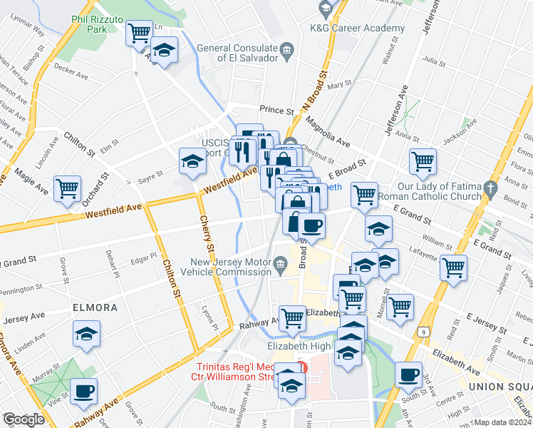 map of restaurants, bars, coffee shops, grocery stores, and more near 33 West Grand Street in Elizabeth