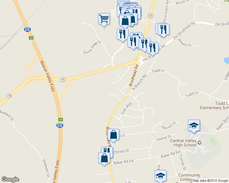 map of restaurants, bars, coffee shops, grocery stores, and more near 106 Oak Lane in Monaca