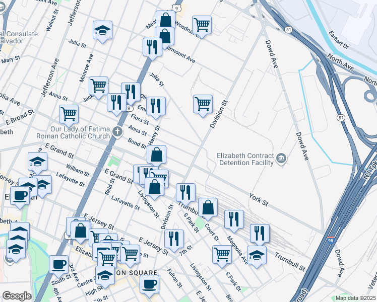 map of restaurants, bars, coffee shops, grocery stores, and more near 815 Anna Street in Elizabeth
