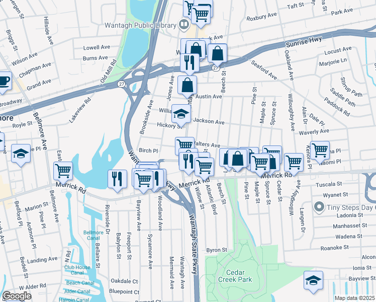 map of restaurants, bars, coffee shops, grocery stores, and more near 2204 Willow Street in Wantagh