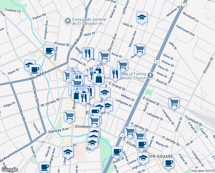 map of restaurants, bars, coffee shops, grocery stores, and more near 1091 William Street in Elizabeth