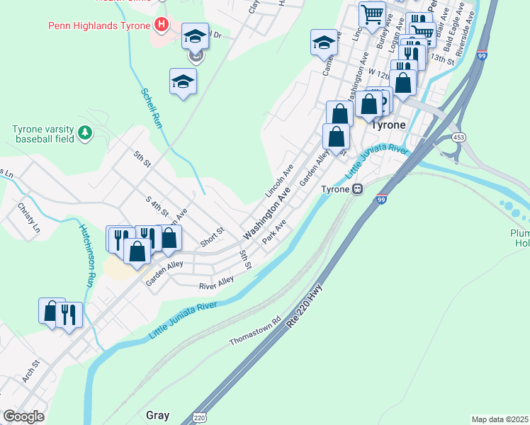 map of restaurants, bars, coffee shops, grocery stores, and more near 615 Washington Avenue in Tyrone