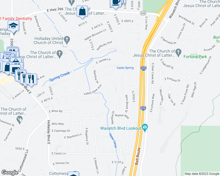 map of restaurants, bars, coffee shops, grocery stores, and more near 2894 Branch Drive in Holladay