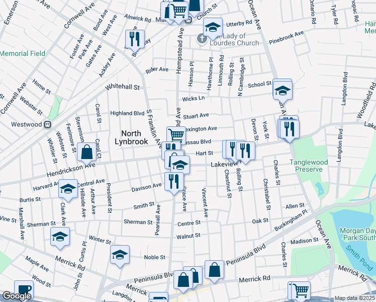 map of restaurants, bars, coffee shops, grocery stores, and more near 105 Hart Street in Lynbrook