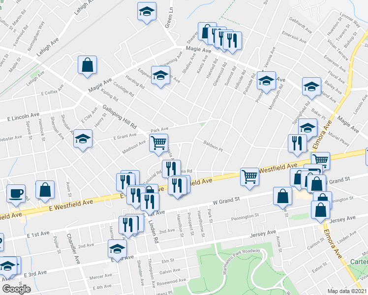 map of restaurants, bars, coffee shops, grocery stores, and more near 47 Highland Avenue in Elizabeth