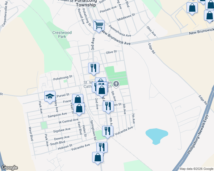 map of restaurants, bars, coffee shops, grocery stores, and more near 357 Somerset Street in Phillipsburg