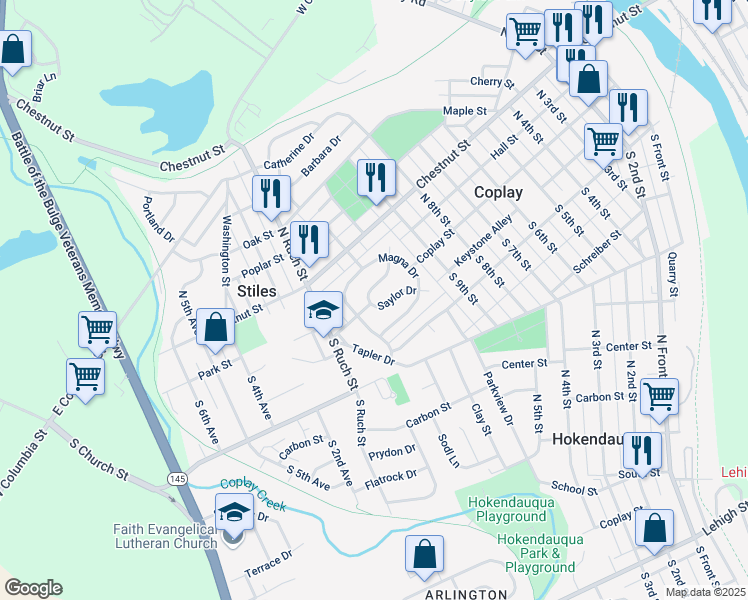 map of restaurants, bars, coffee shops, grocery stores, and more near 15 Saylor Drive in Coplay