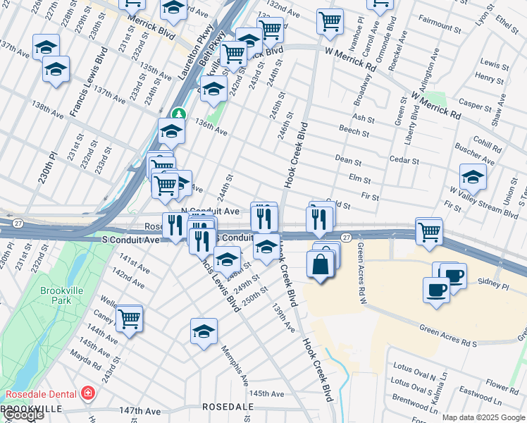 map of restaurants, bars, coffee shops, grocery stores, and more near 246-17 North Conduit Avenue in Queens