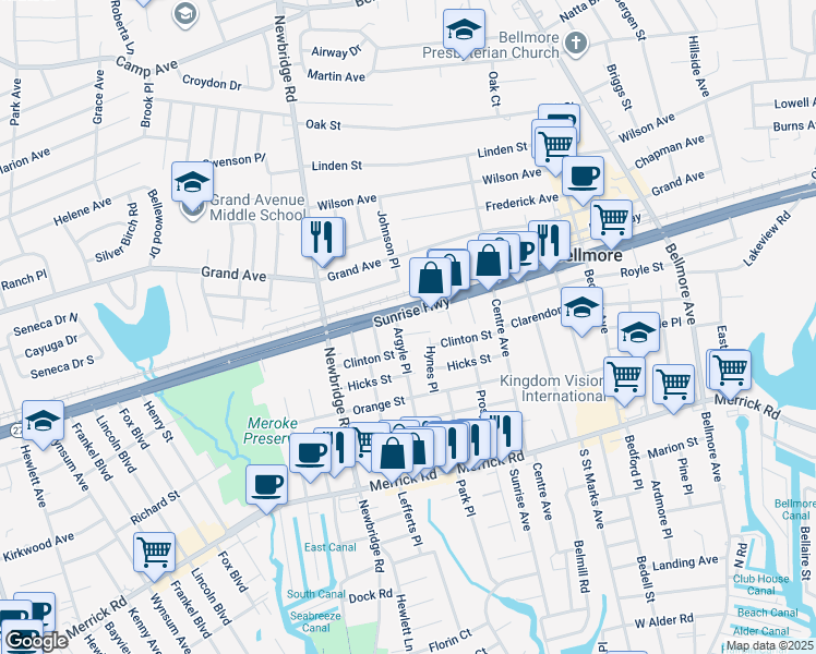 map of restaurants, bars, coffee shops, grocery stores, and more near 701 Sunrise Highway in Bellmore