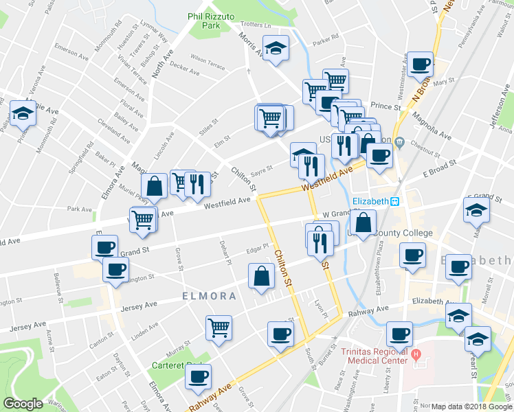 map of restaurants, bars, coffee shops, grocery stores, and more near 226 Chilton Street in Elizabeth