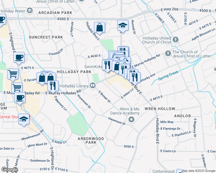 map of restaurants, bars, coffee shops, grocery stores, and more near 2220 East Murray Holladay Road in Holladay