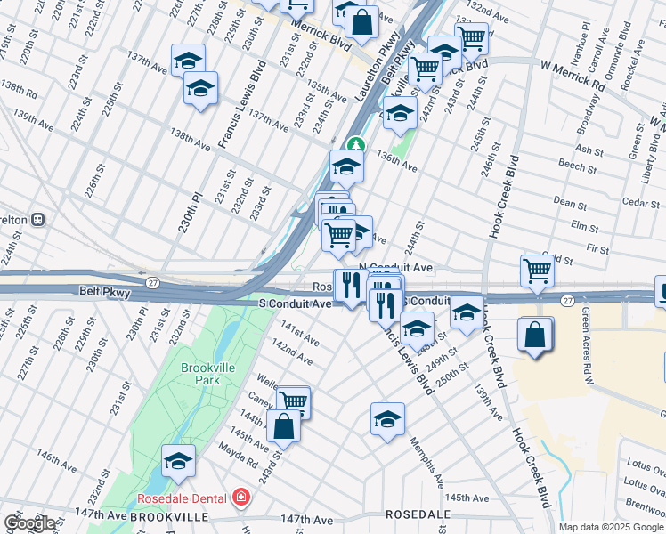 map of restaurants, bars, coffee shops, grocery stores, and more near 241-35 North Conduit Avenue in Queens