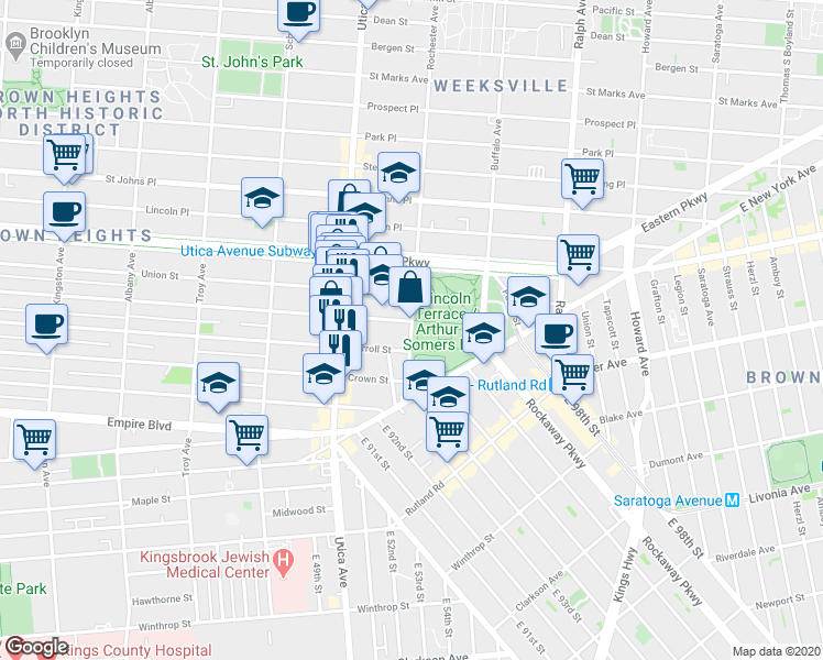 map of restaurants, bars, coffee shops, grocery stores, and more near 338 Rochester Avenue in Brooklyn