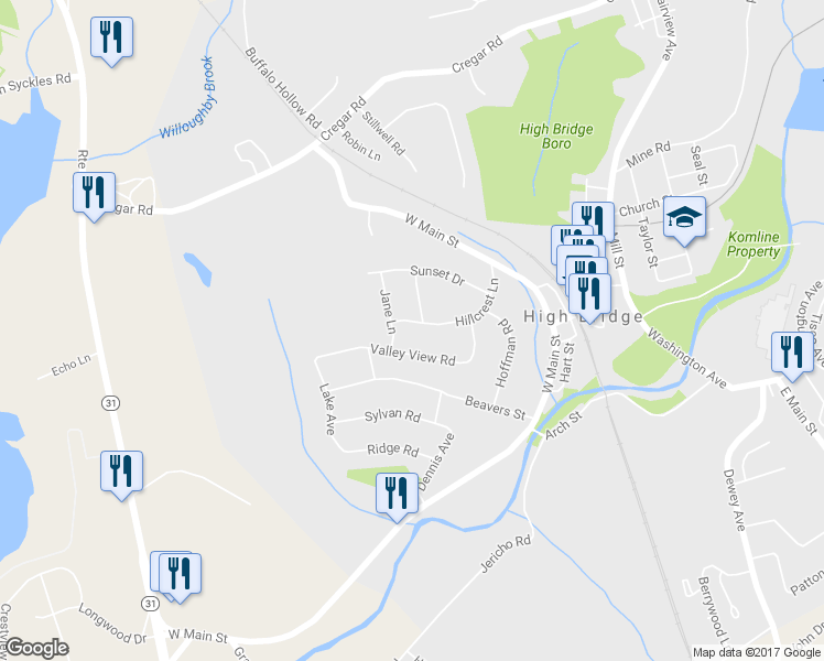 map of restaurants, bars, coffee shops, grocery stores, and more near 22 Hillcrest Lane in High Bridge