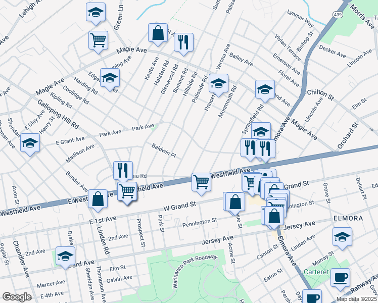 map of restaurants, bars, coffee shops, grocery stores, and more near 49 Princeton Road in Elizabeth