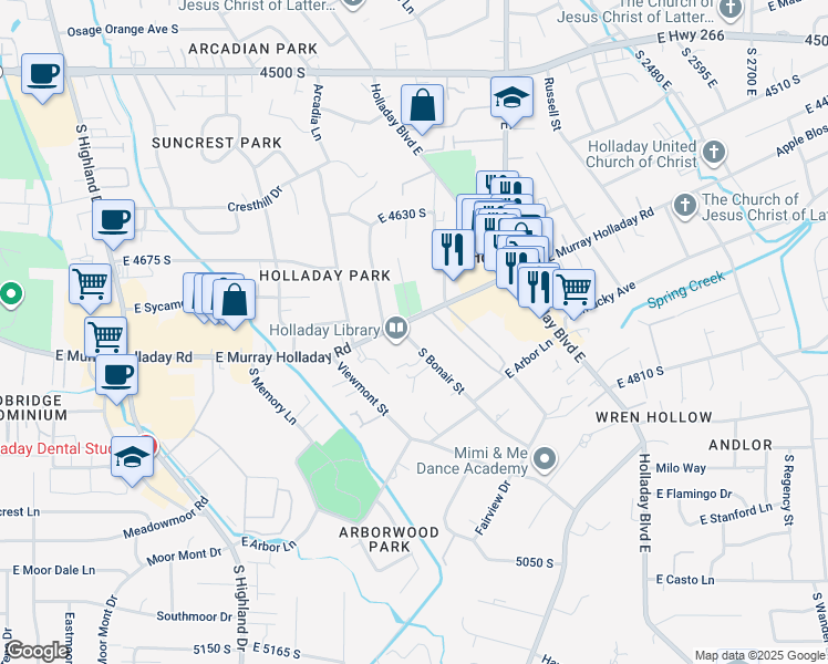 map of restaurants, bars, coffee shops, grocery stores, and more near 4749-4763 East Bonair Street in Holladay