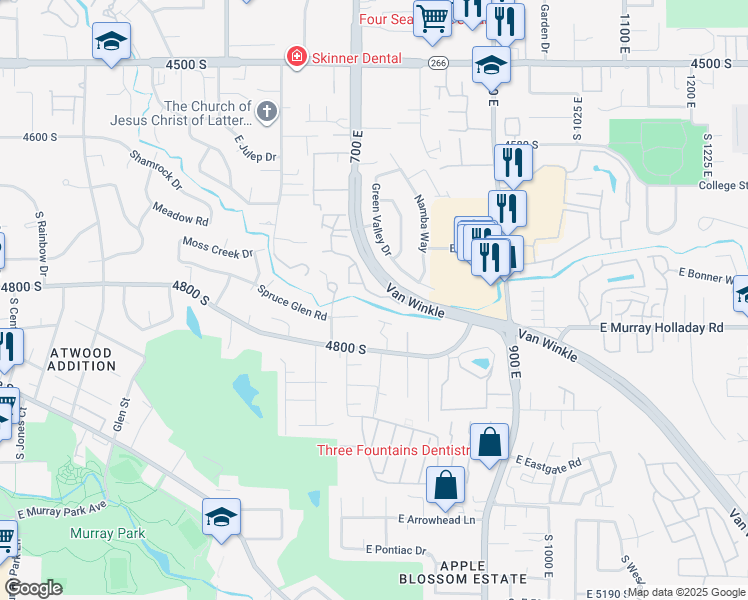map of restaurants, bars, coffee shops, grocery stores, and more near 4762 South 700 East in Murray