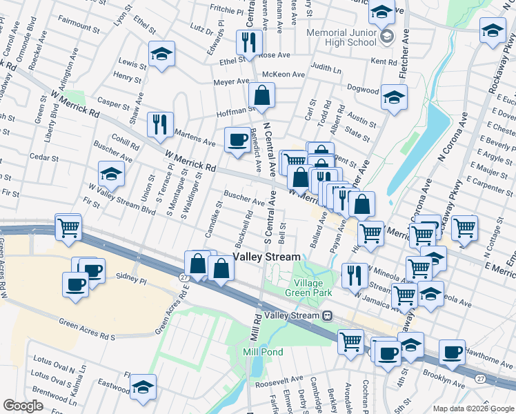 map of restaurants, bars, coffee shops, grocery stores, and more near 38 South Central Avenue in Valley Stream