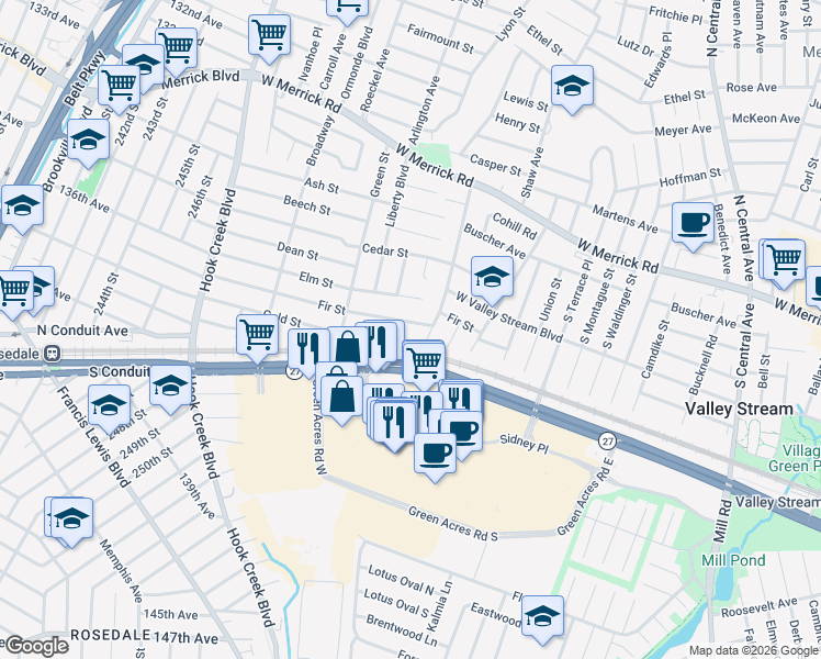 map of restaurants, bars, coffee shops, grocery stores, and more near 80 Fir Street in Valley Stream