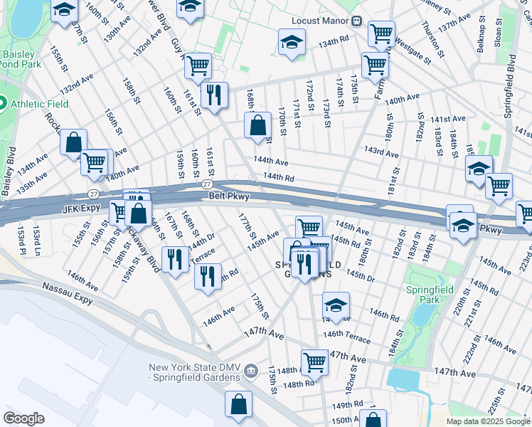 map of restaurants, bars, coffee shops, grocery stores, and more near 17701 144th Drive in Queens