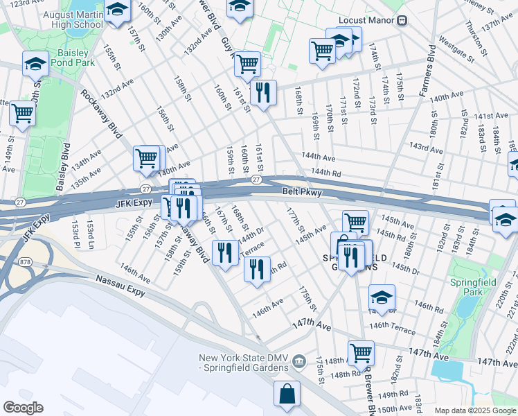 map of restaurants, bars, coffee shops, grocery stores, and more near 144-23 175th Street in Queens