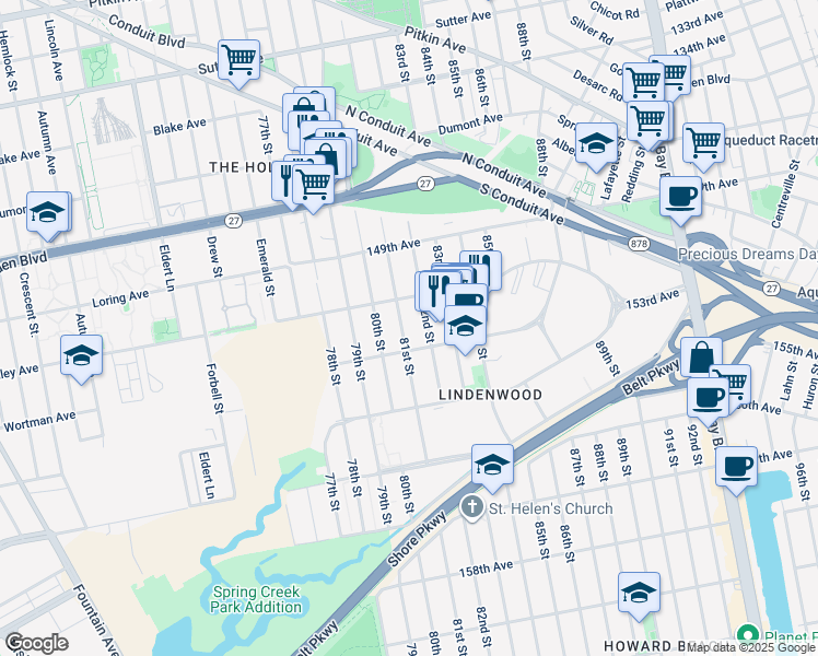 map of restaurants, bars, coffee shops, grocery stores, and more near 151-30 82nd Street in Queens