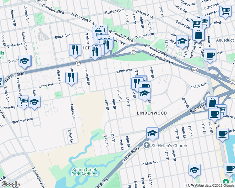 map of restaurants, bars, coffee shops, grocery stores, and more near 151-27 80th Street in Queens