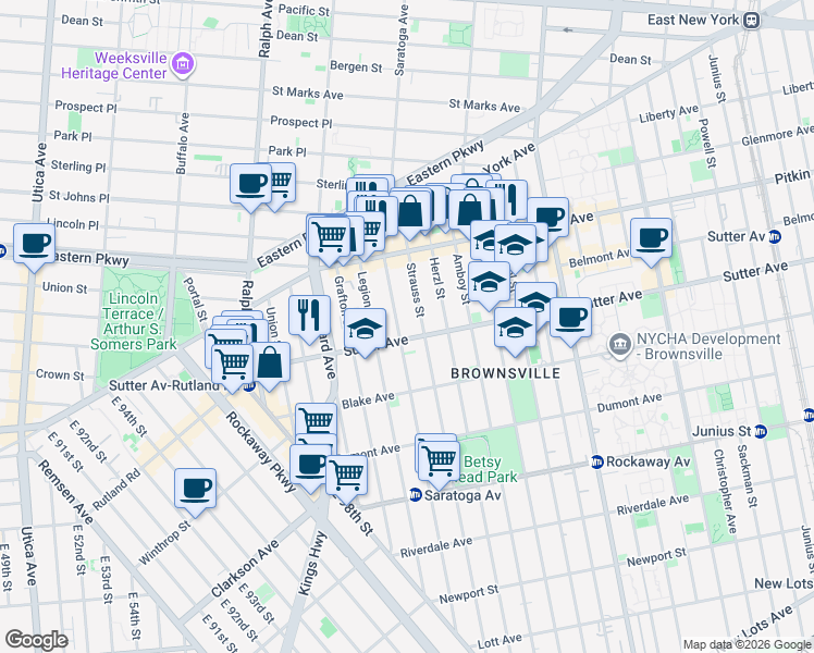 map of restaurants, bars, coffee shops, grocery stores, and more near 588 Saratoga Avenue in Brooklyn