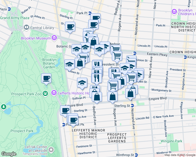 map of restaurants, bars, coffee shops, grocery stores, and more near 132 Crown Street in Brooklyn