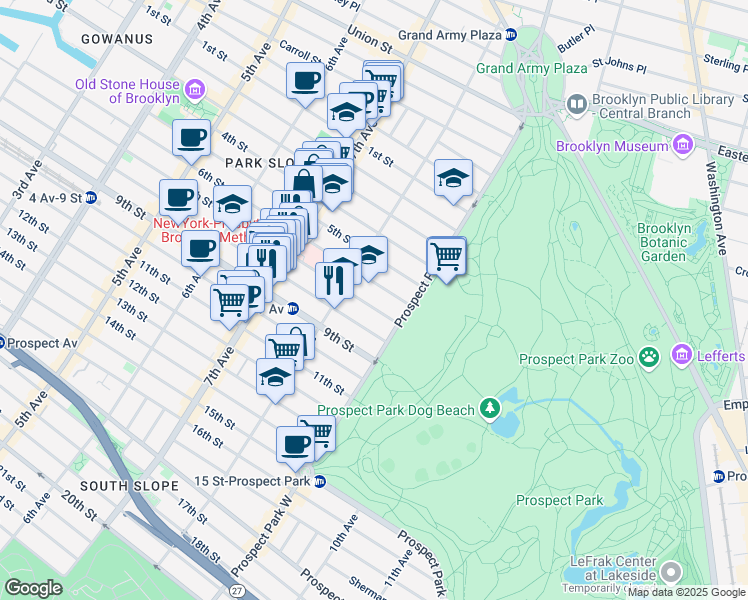 map of restaurants, bars, coffee shops, grocery stores, and more near 581 7th Street in Brooklyn